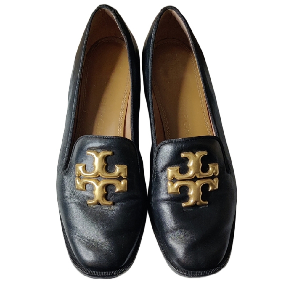 Tory Burch Black Leather Loafers with Gold Logo Size 9M